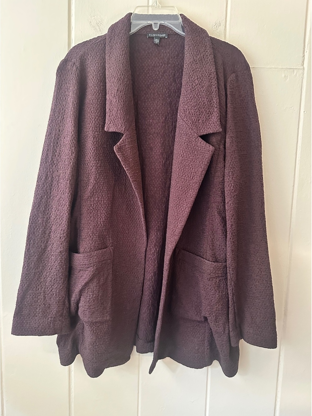 Eileen Fisher Cassis Notch Collar Jacket Textured Open Blazer Burgundy Sz Large